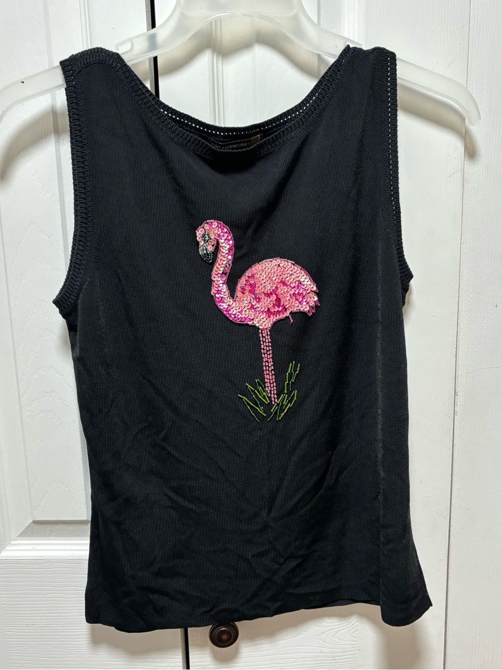 Sweaterworks Y2K Flamingo Sequin Beaded Black Knit Tank Top M